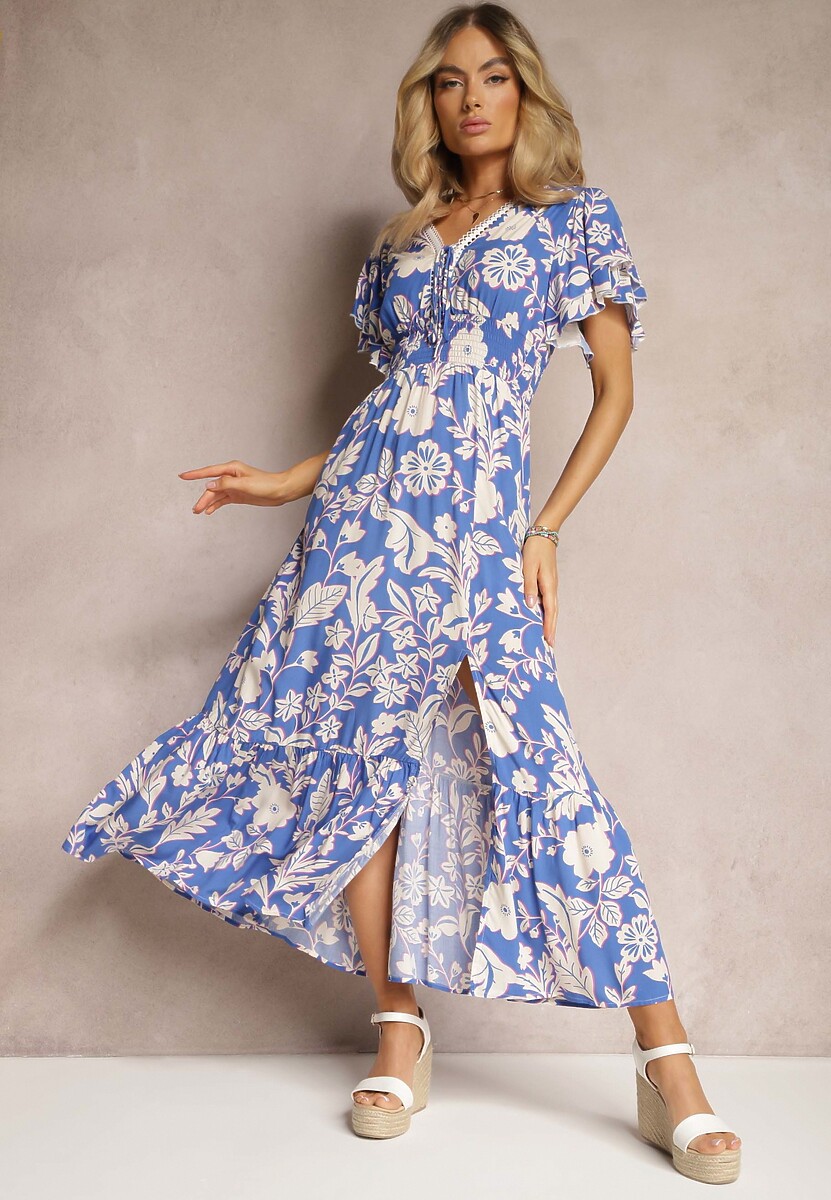 Granatowa Sukienka z Wiskozy z Krótkim Rękawem Wiązana z Przodu Marszczona w Pasie Tessam