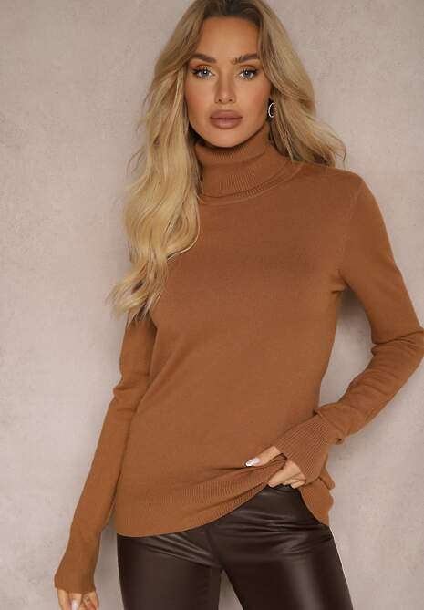 Jasnobrązowy Golf Sweterkowy z Domieszką Kaszmiru Zaivanna