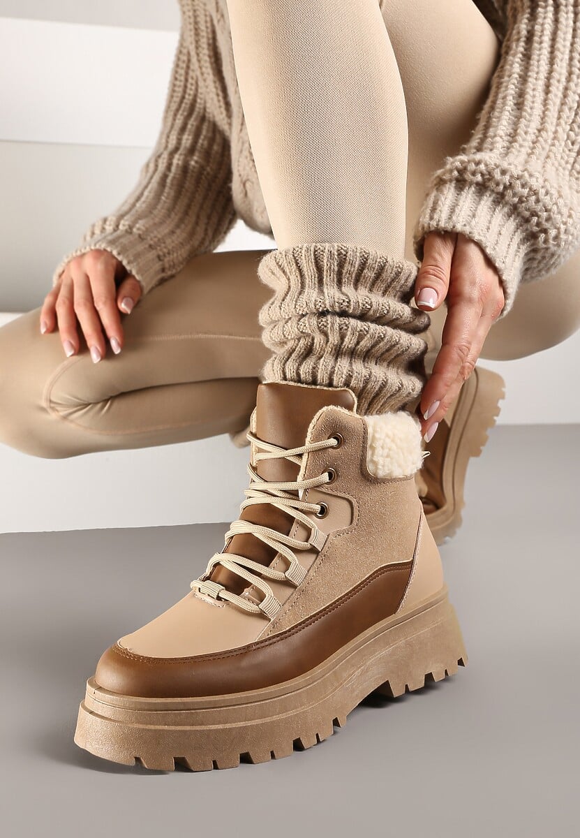 Ciemnobeżowe Traperki  Sznurowane Trapery Janne