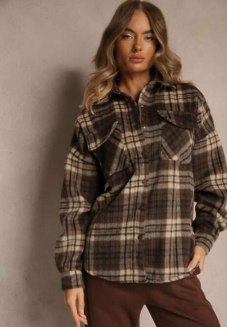 Brązowa Koszulowa Kurtka w Kratę Emitila