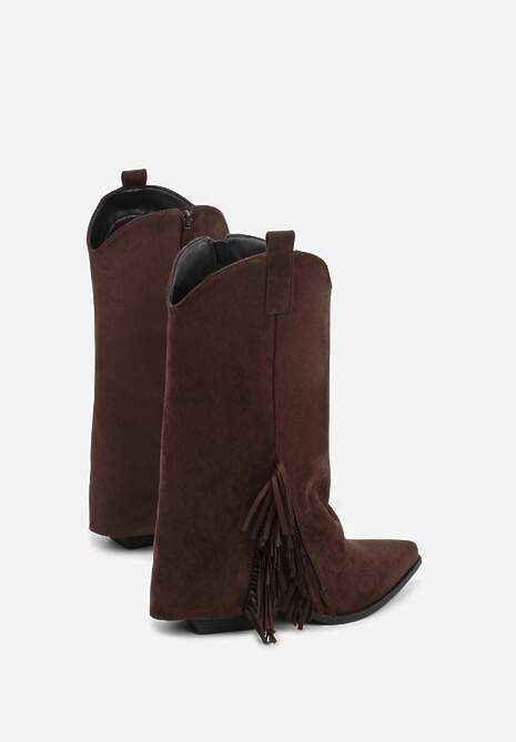 Brązowe Botki Kowbojki na Stożku Ozdobione Frędzlami Reielle