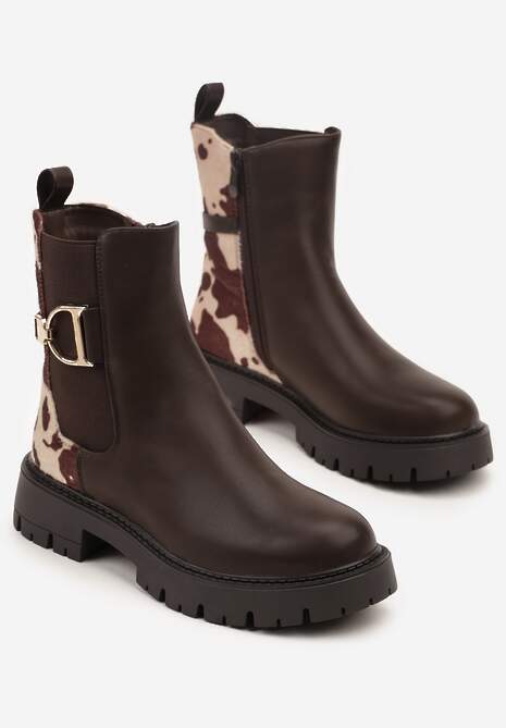 Brązowe Klasyczne Botki Sztyblety w Krowie Łaty Zdobione Metaliczną Aplikacją Laore