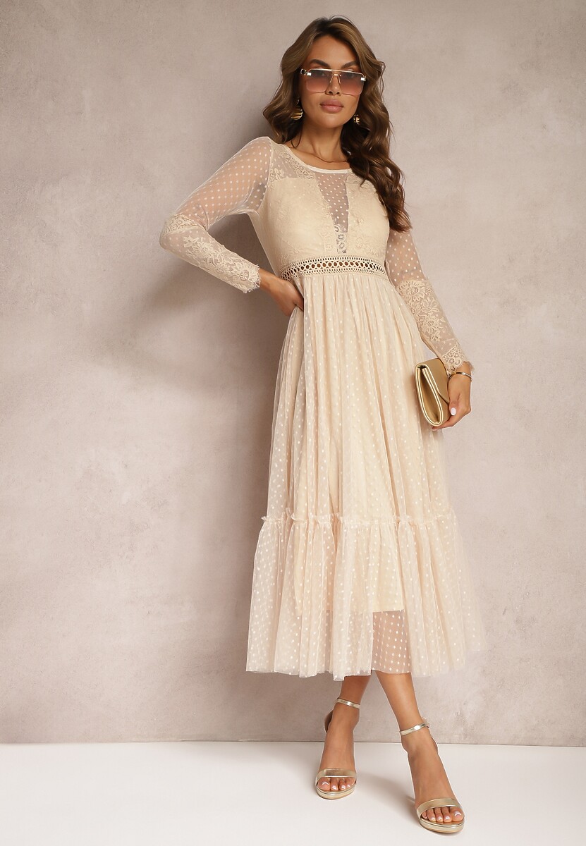 Ciemnobeżowa Rozkloszowana Sukienka Maxi z Koronkowymi Wstawkami i Tiulem Kollla