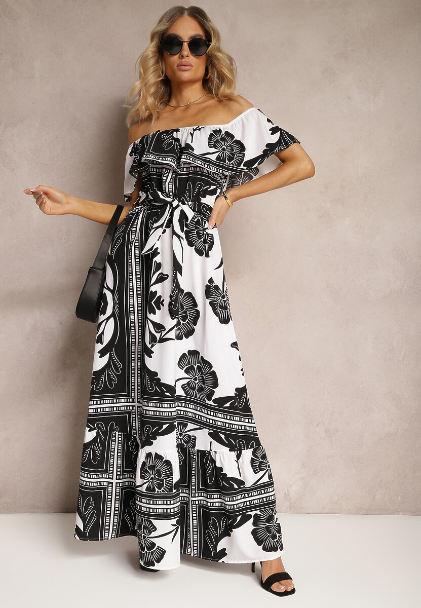 Czarno-Biała Hiszpanka Sukienka z Gumką w Talii i Materiałowym Paskiem z Falbankami Xoneri