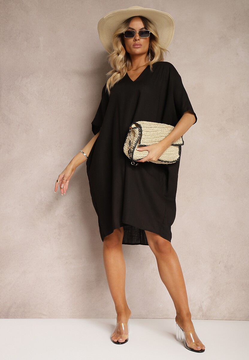 Czarna Pudełkowa Sukienka z Bawełny z Krótkim Rękawem i Trójkątnym Dekoltem Vikana