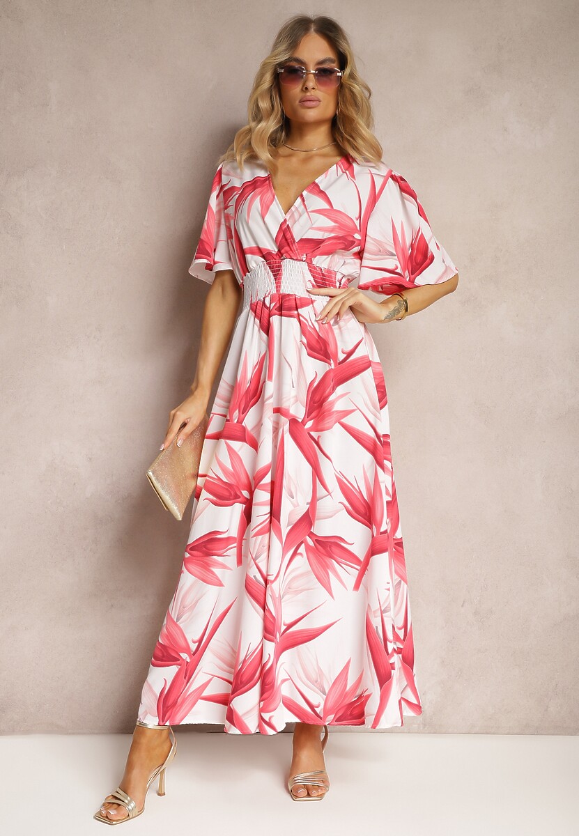 Różowo-Biała Kopertowa Sukienka Wiązana na Plecach z Gumką w Talii Jeteri