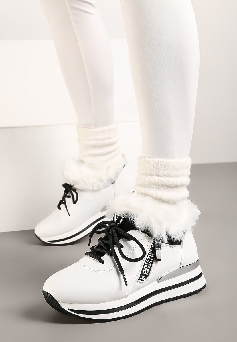 Białe Sznurowane Botki Sneakersy z Futerkiem Gameda