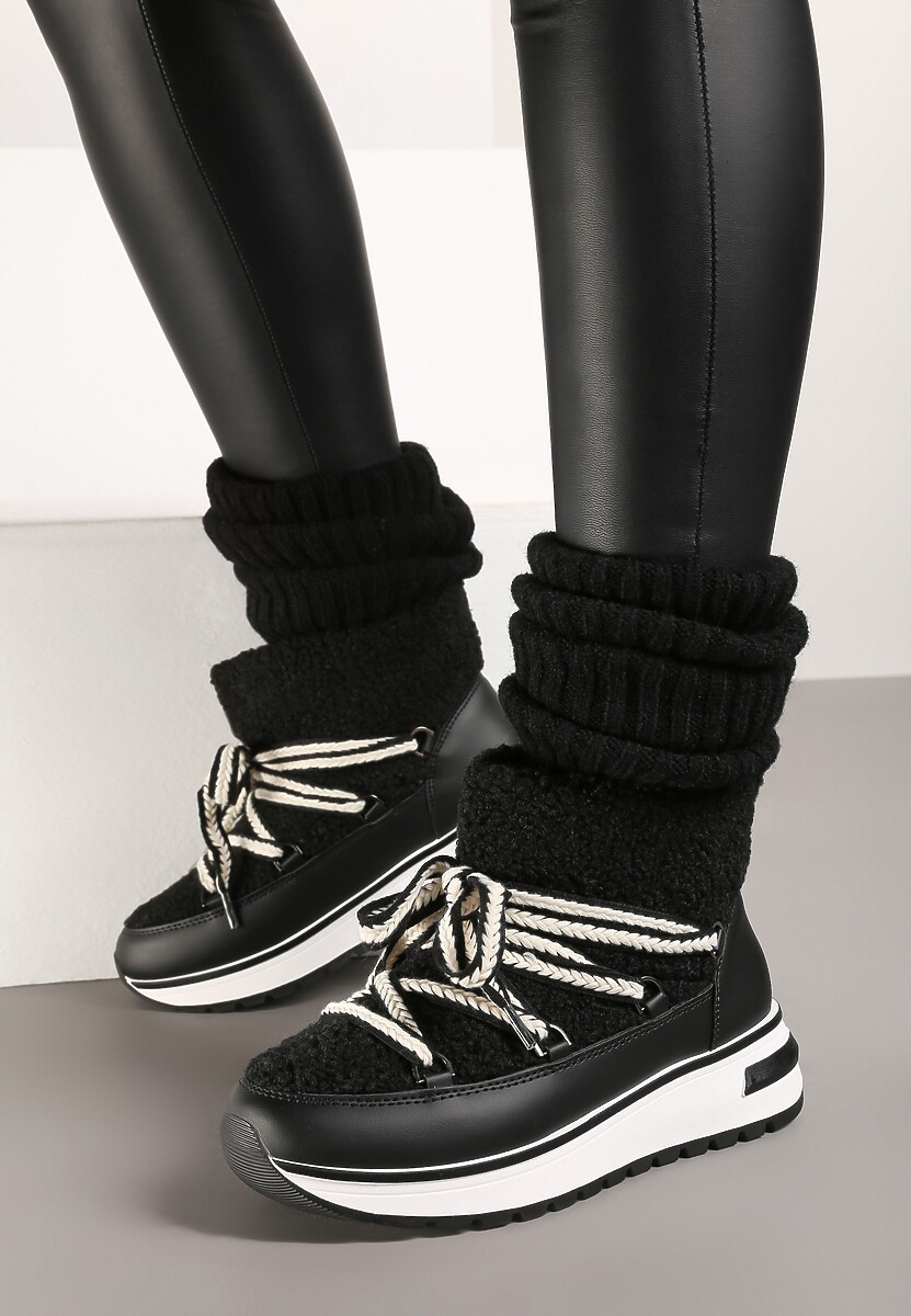 Czarne Futrzane Śniegowce ze Sznurowaniem Temivin