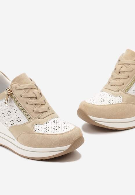 Beżowe Sneakersy z Ażurową Perforacją Suwakiem i Ukrytym Koturnem Pelaria