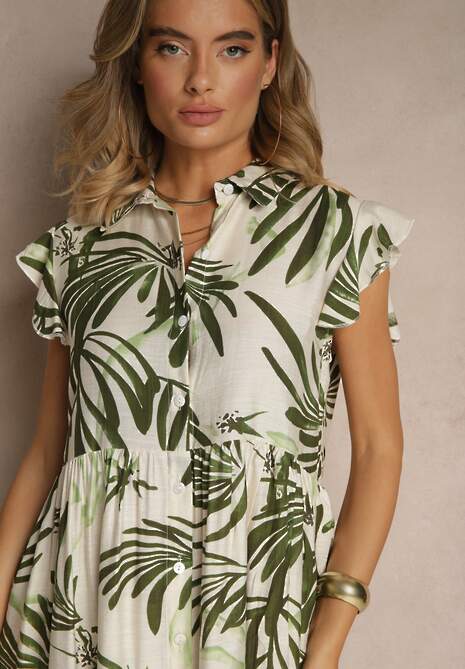 Zielona Sukienka z Bawełną Lnem i Wiskozą w Liście Lilestia