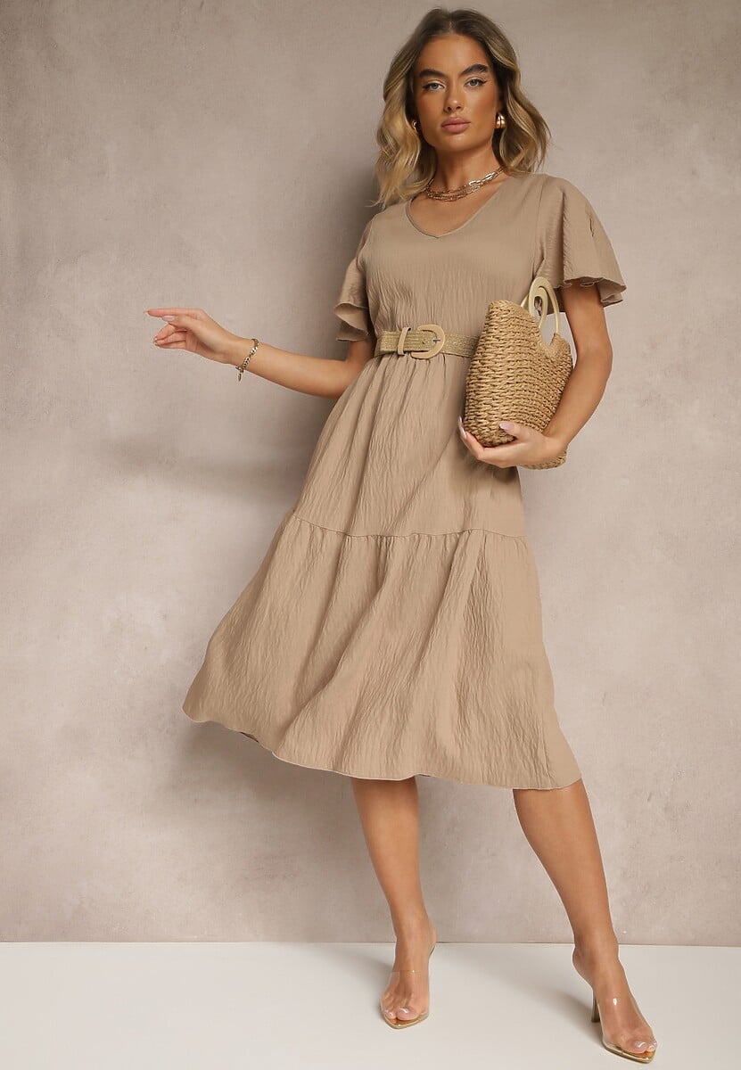 Biała Rozkloszowana Sukienka z Wiskozy z Dekoltem w Serek Natasella