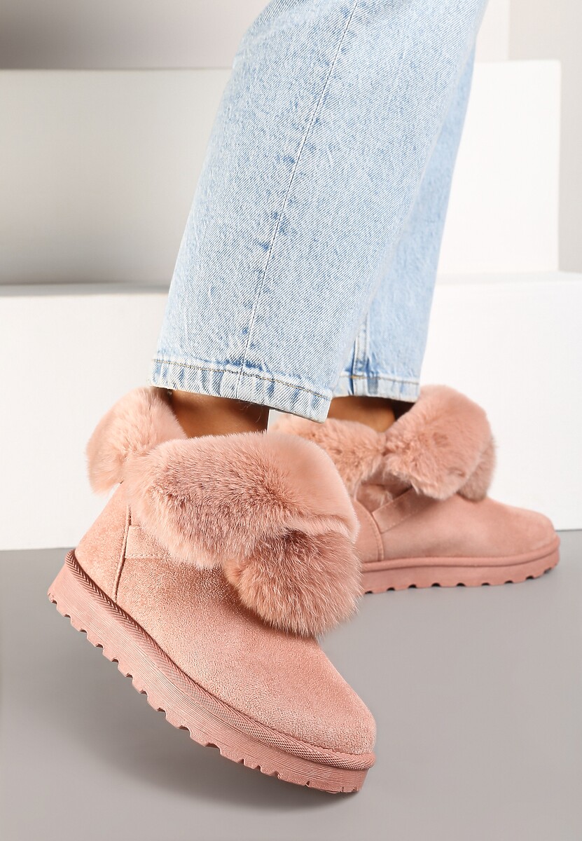 Różowe Śniegowce na Płaskiej Podeszwie z Pomponami z Futerka Seamira