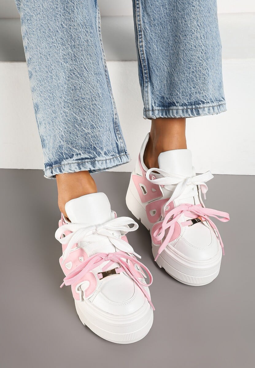 Biało-Różowe Sneakersy Vices na Płaskiej Podeszwie z Geometryczną Aplikacją Nelenith