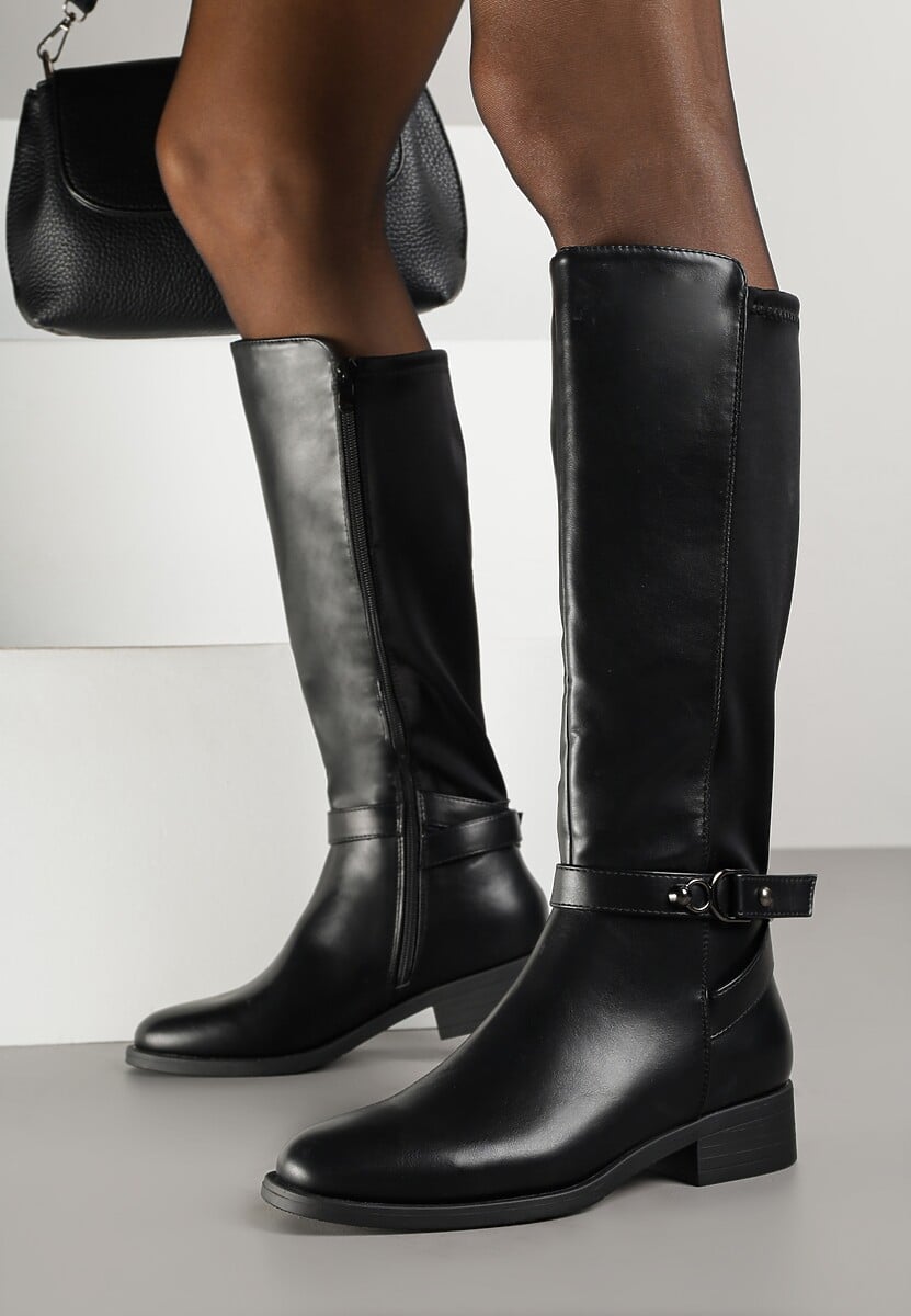 Czarne Kozaki w Stylu Oficerek Ozdobione Klamrami Otima