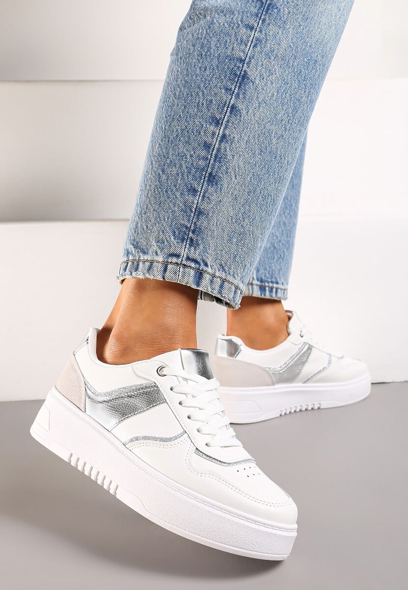 Biało-Srebrne Sneakersy na Platformie z Brokatowymi Akcentami Sellona