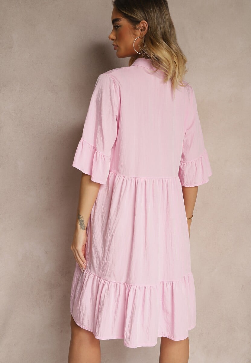 Różowa Rozkloszowana Sukienka z Wiskozą i Falbanami Eviranna