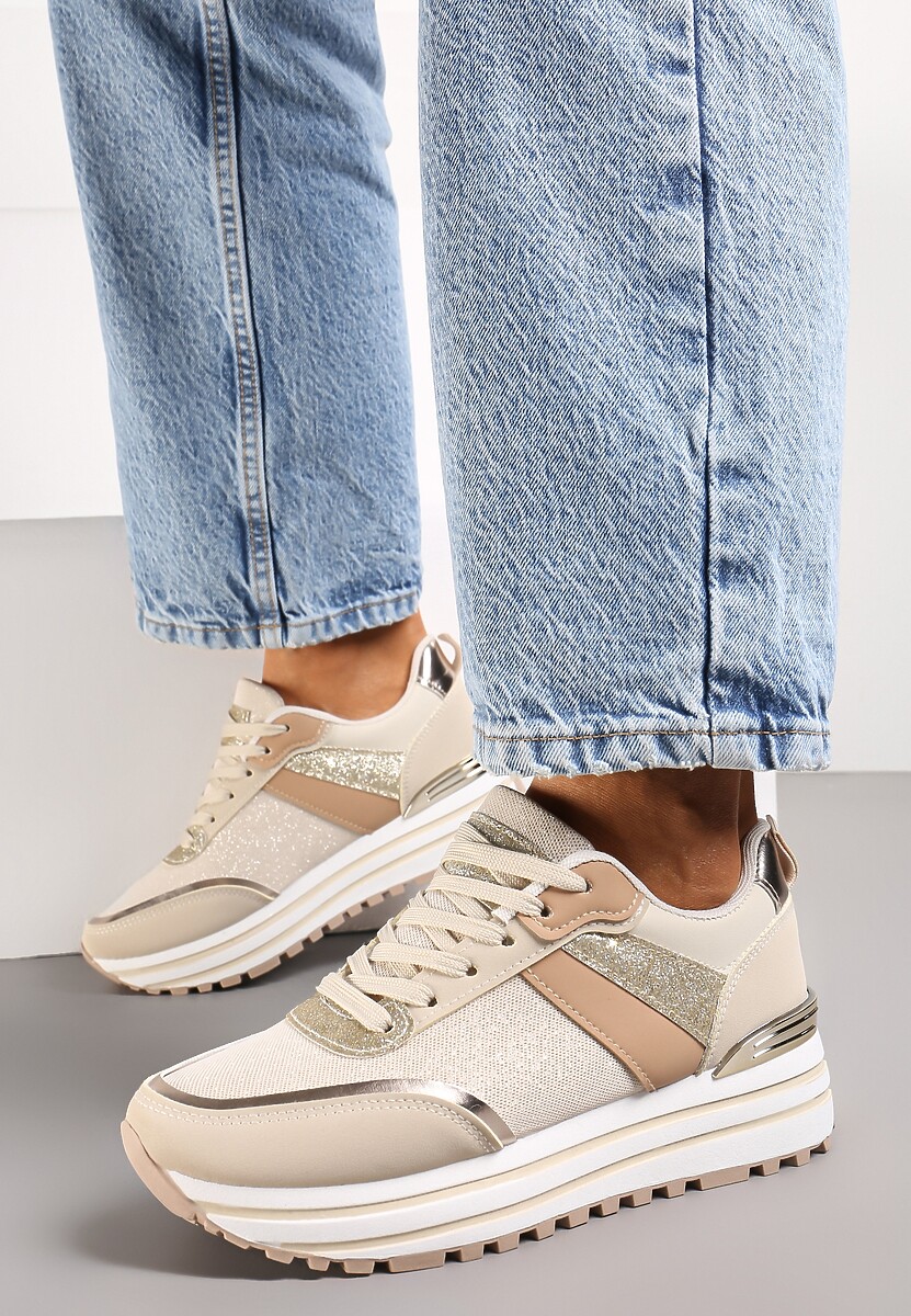 Beżowe Sneakersy z Brokatem na Ozdobnej Grubej Podeszwie Rilveia
