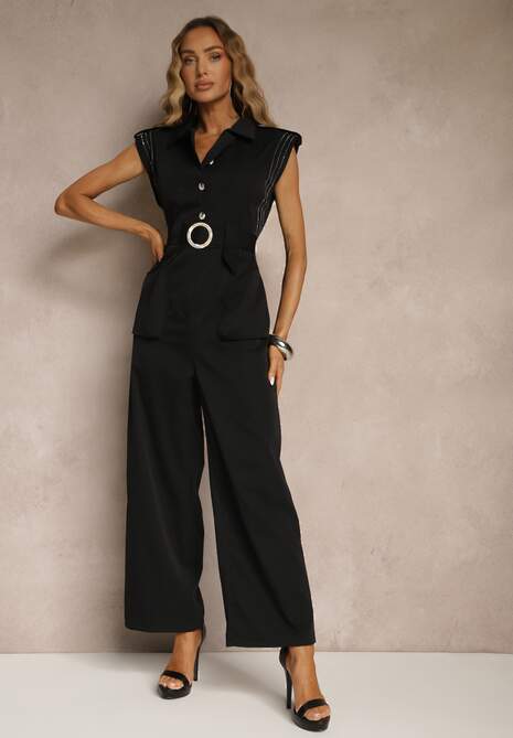 Czarny Kombinezon Taliowany Ozdobiony Cyrkoniami i Guzikami Lumevarae