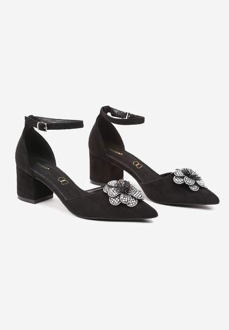 Czarno-Srebrne Czółenka na Słupku Vices ze Skórzaną Wkładką i Kwiatową Aplikacją z Brokatem Leandriel