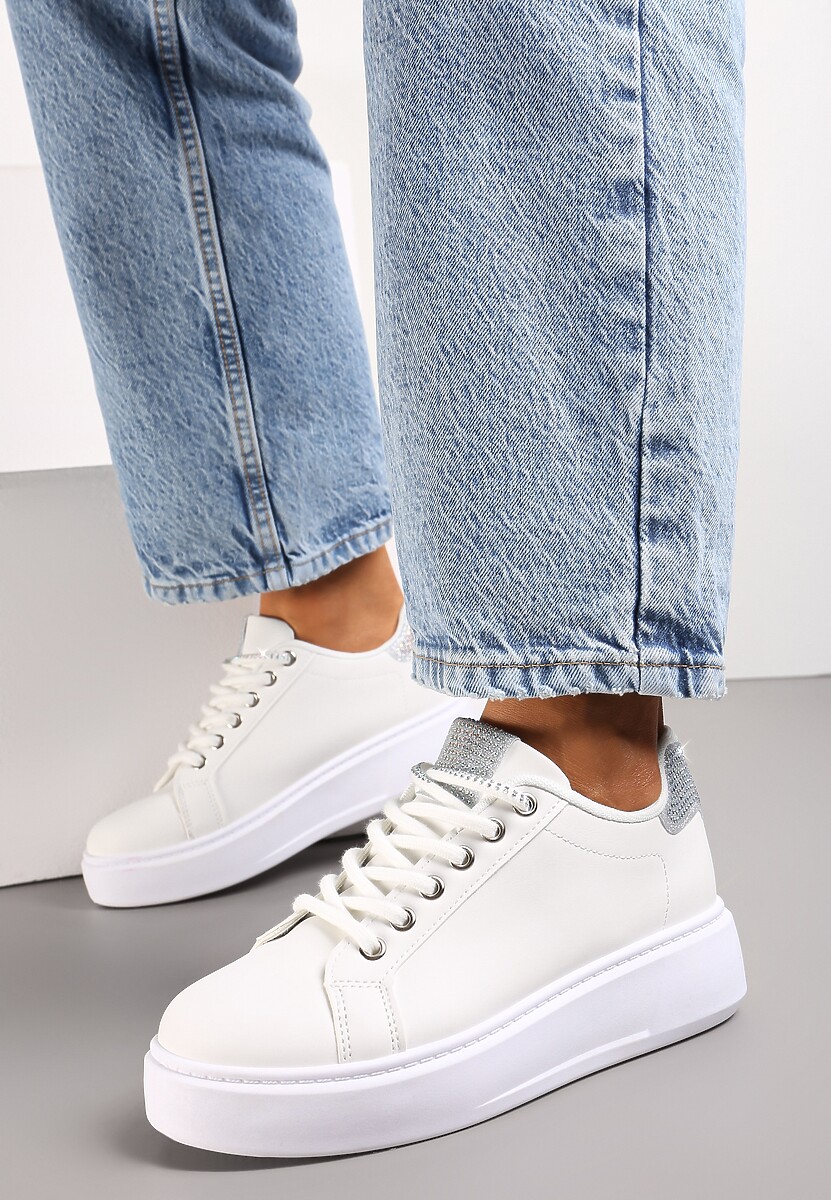 Biało-Srebrne Sneakersy Ozdobione Brokatem i Drobnymi Cyrkoniami Emavia