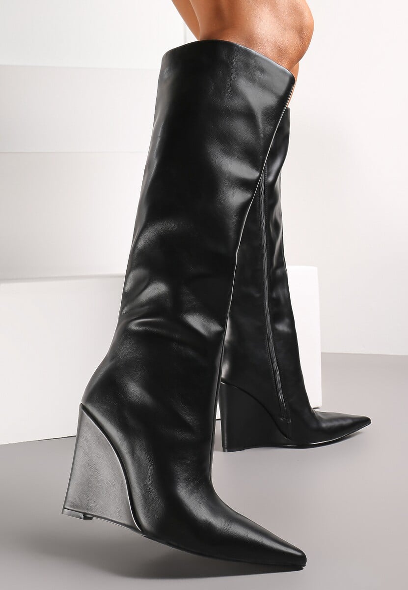 Czarne Kozaki przed Kolano na Koturnie ze Szpiczastym Noskiem Seluid