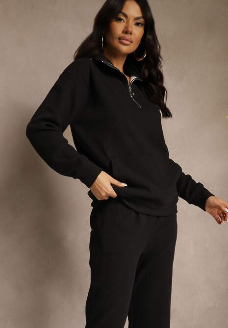 Czarny Komplet Dresowy z Polaru Bluza z Krótkim Suwakiem i Spodnie Joggery Hypamena