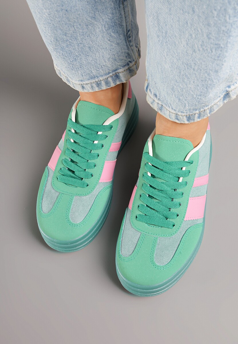 Zielono-Różowe Sneakersy w Stylu Tenisówek z Geometrycznym Wzorem Melundea