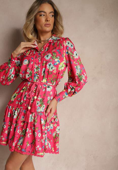 Fuksjowa Rozkloszowana Sukienka z Koronkowymi Wstawkami i Sznurkiem Payten