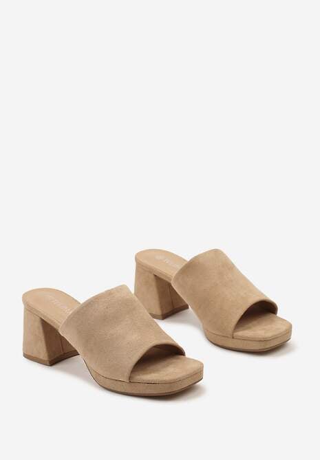 Ciemnobeżowe Wsuwane Klapki na Trapezowym Obcasie z Ekozamszu Cearra