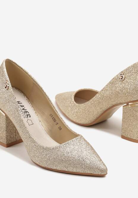 Złote Czółenka na Słupku Zdobione Brokatem ze Skórzaną Wkładką Celanitia