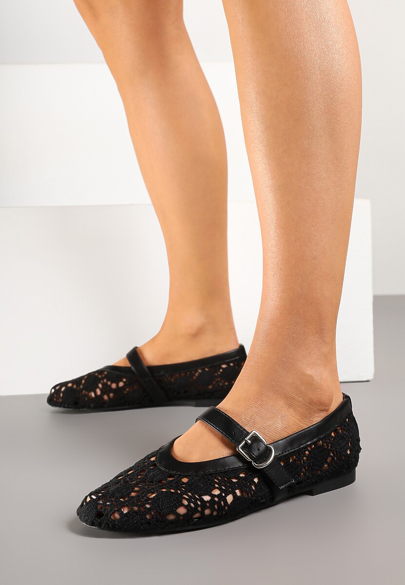 Czarne Balerinki w Stylu Mary Jane z Ażurową Cholewką Ridissea