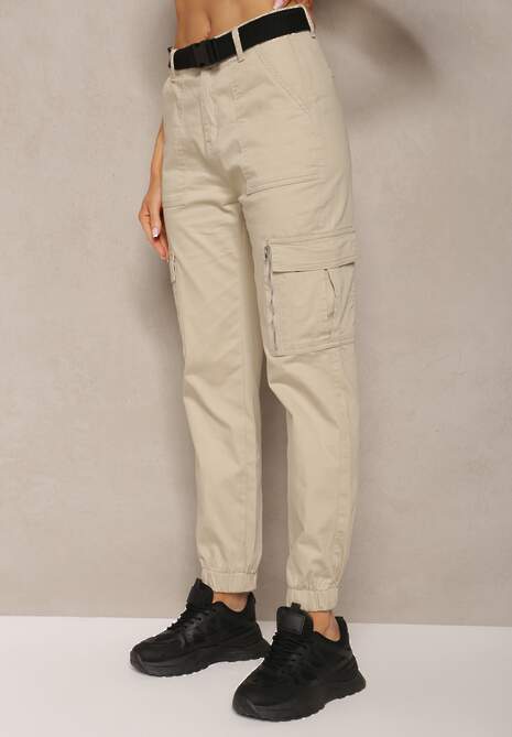 Beżowe Spodnie High Waist z Bawełny o Kroju Bojówek z Gumką na Nogawkach i PaskiemCitia