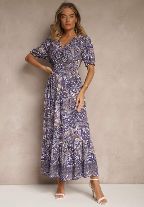 Fioletowa Rozkloszowana Sukienka z Bawełny Zdobiona Wzorem Paisley Folitea