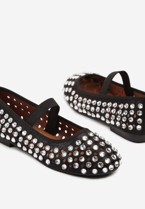 Czarne Balerinki Ozdobione Ażurową Cholewką i Cyrkoniami Aseleldi