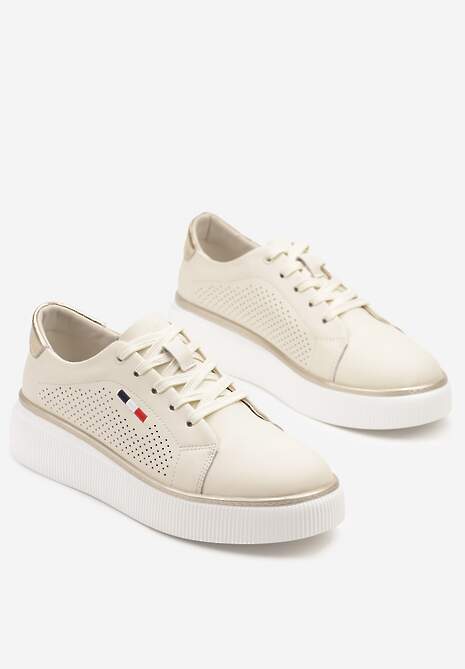 Beżowe Skórzane Sneakersy z Perforacją Halovienna