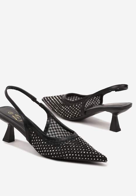 Czarne Sandały na Kaczuszce Slingback z Siateczkową Cholewką Ozdobione Cyrkoniami Vilfitis