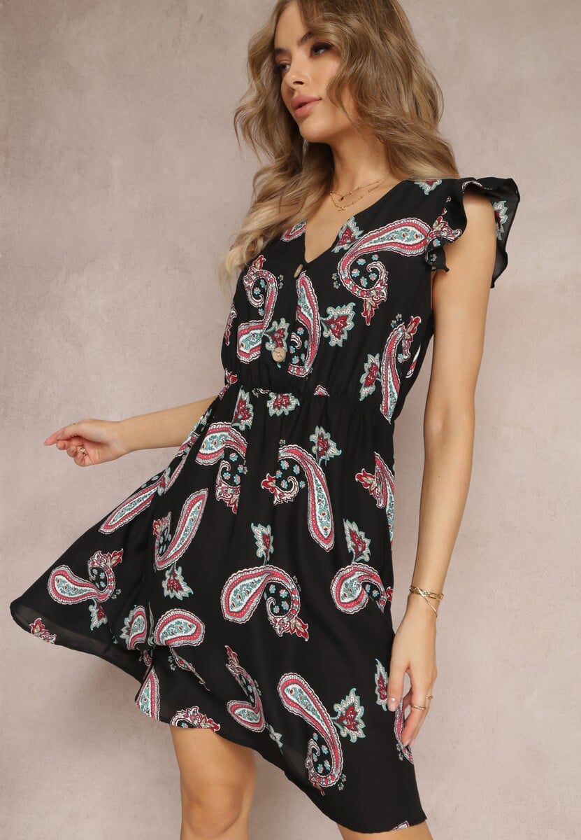 Czarna Rozkloszowana Sukienka Mini we Wzór Paisley Rachelli