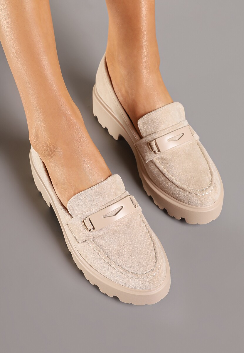 Beżowe Mokasyny na Grubej Podeszwie z Cholewką z Przeszyciami Hamaira