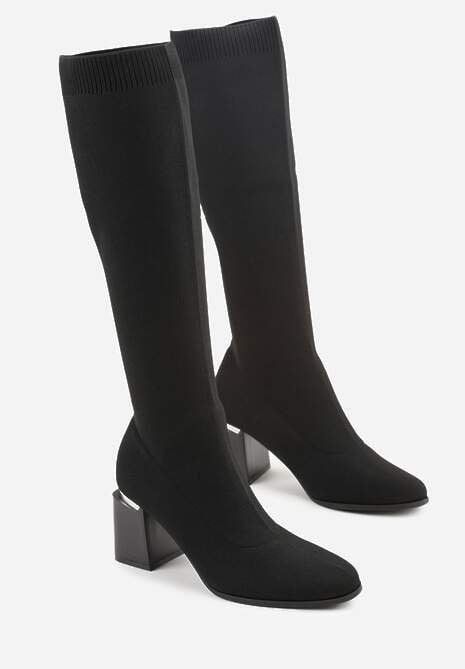 Czarne Eleganckie Kozaki VICES ze Skarpetkową Cholewką na Słupku z Aplikacją Raleana