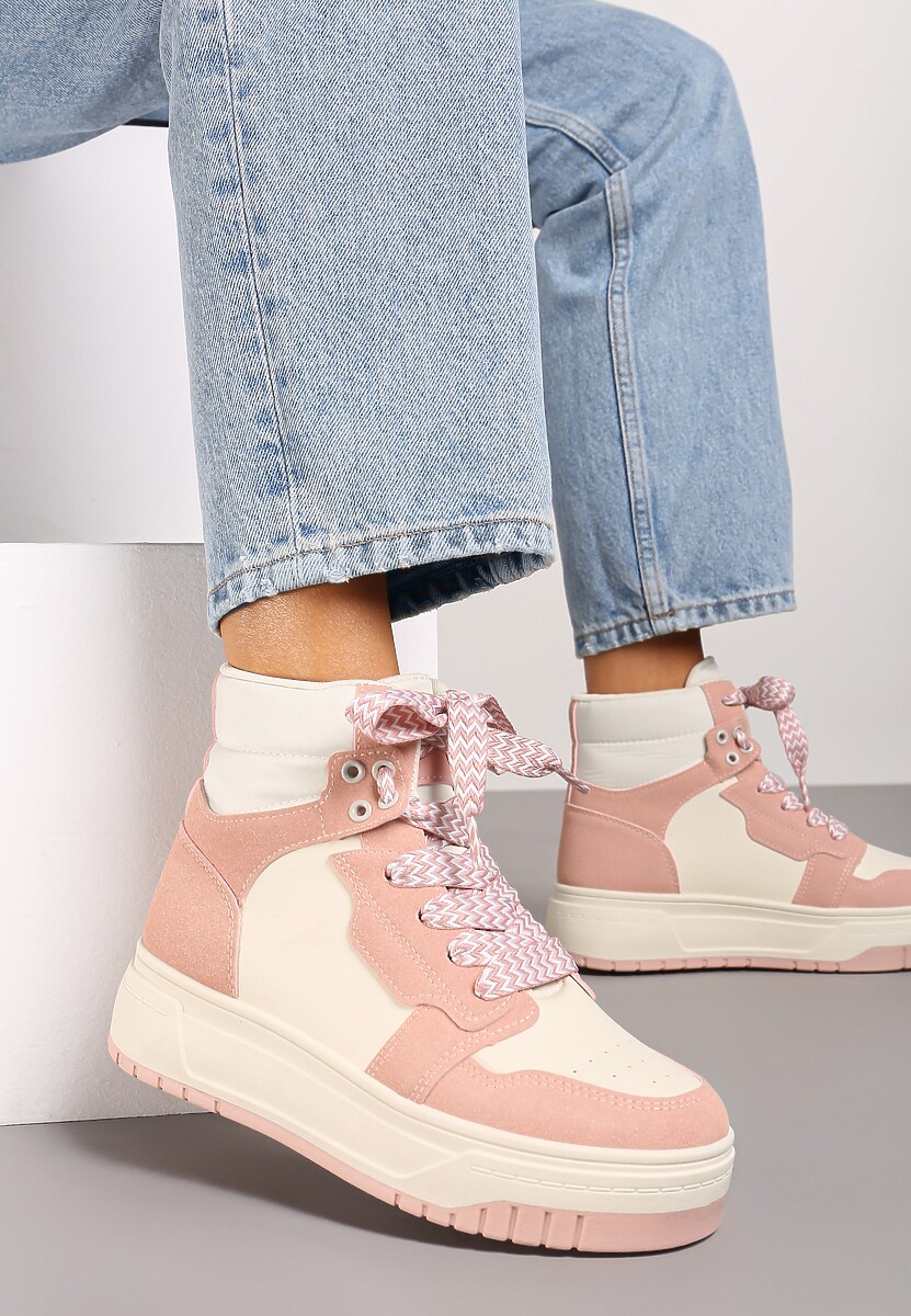Różowe Sneakersy na Platformie z Wysoką Cholewką Ozdobione Perforacją Mivaria