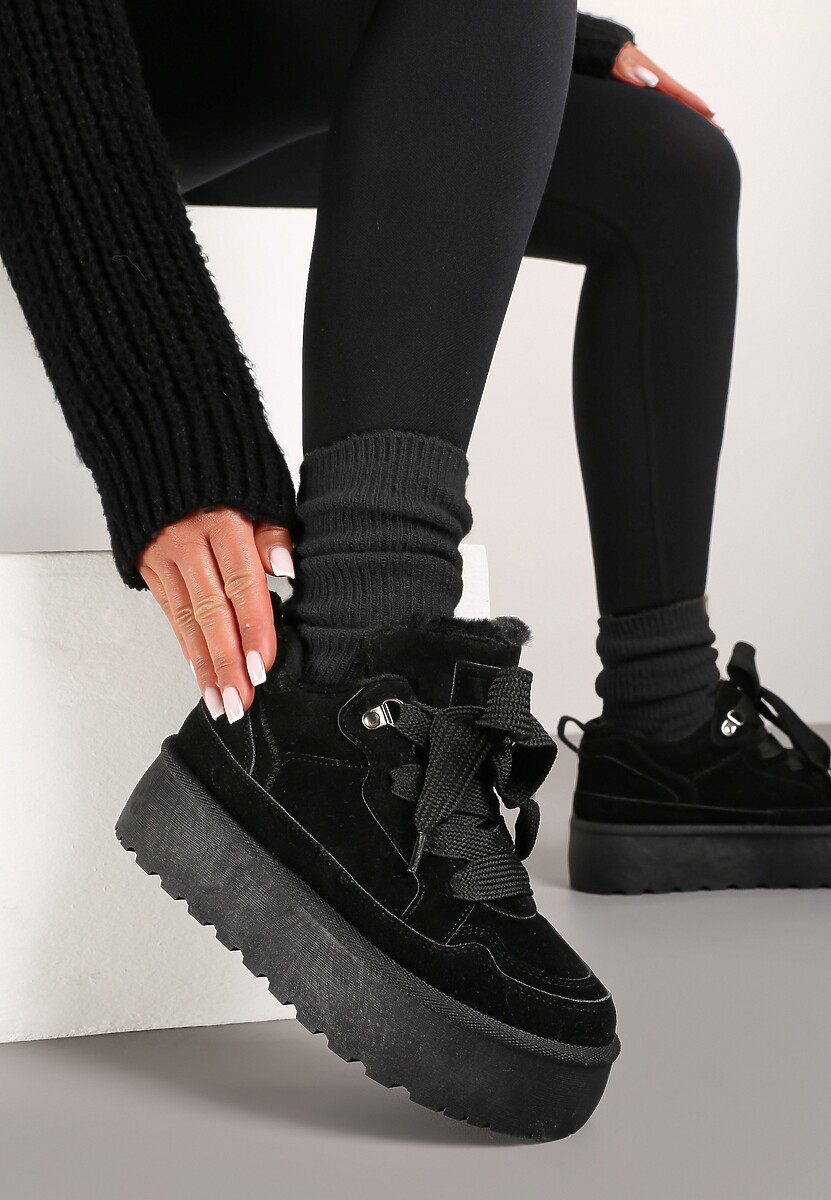 Czarne Sneakersy Vices Stylizowane na Śniegowce na Platformie Obszyte Futerkiem Naleris