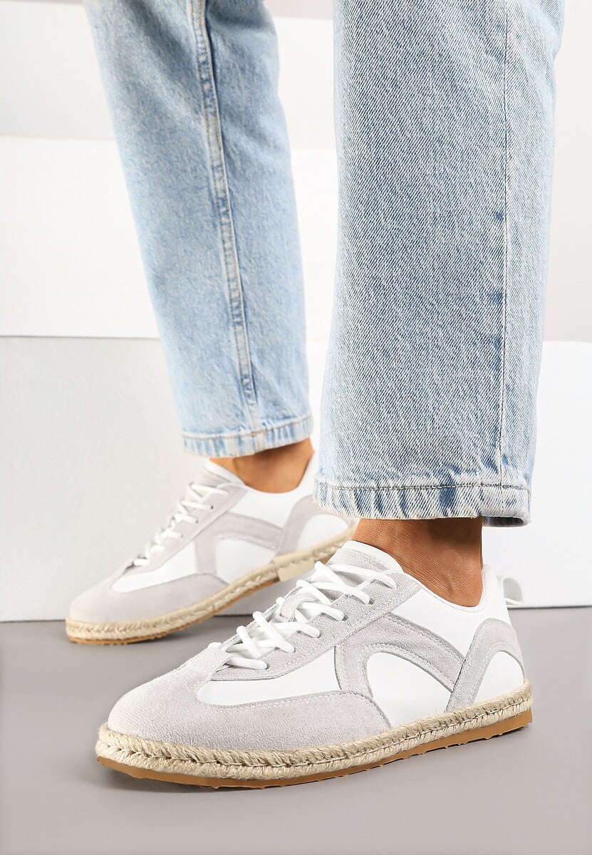 Biało-Szare Sneakersy Kultowe Tenisówki z Podeszwą Zdobioną Plecionką Zarorella