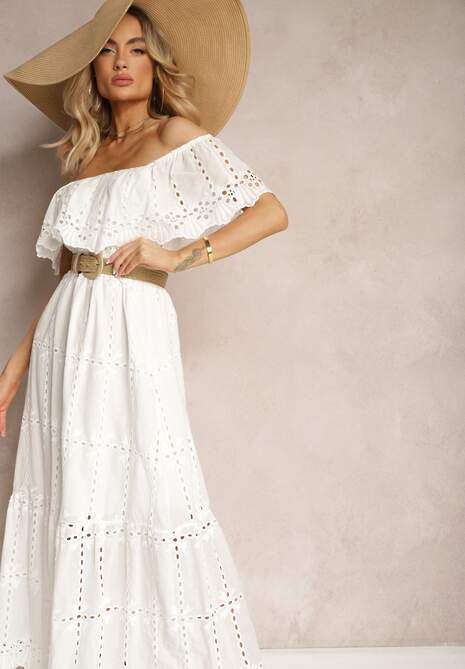 Biała Rozkloszowana Sukienka z Falbankami Typu Hiszpanka Vianelle