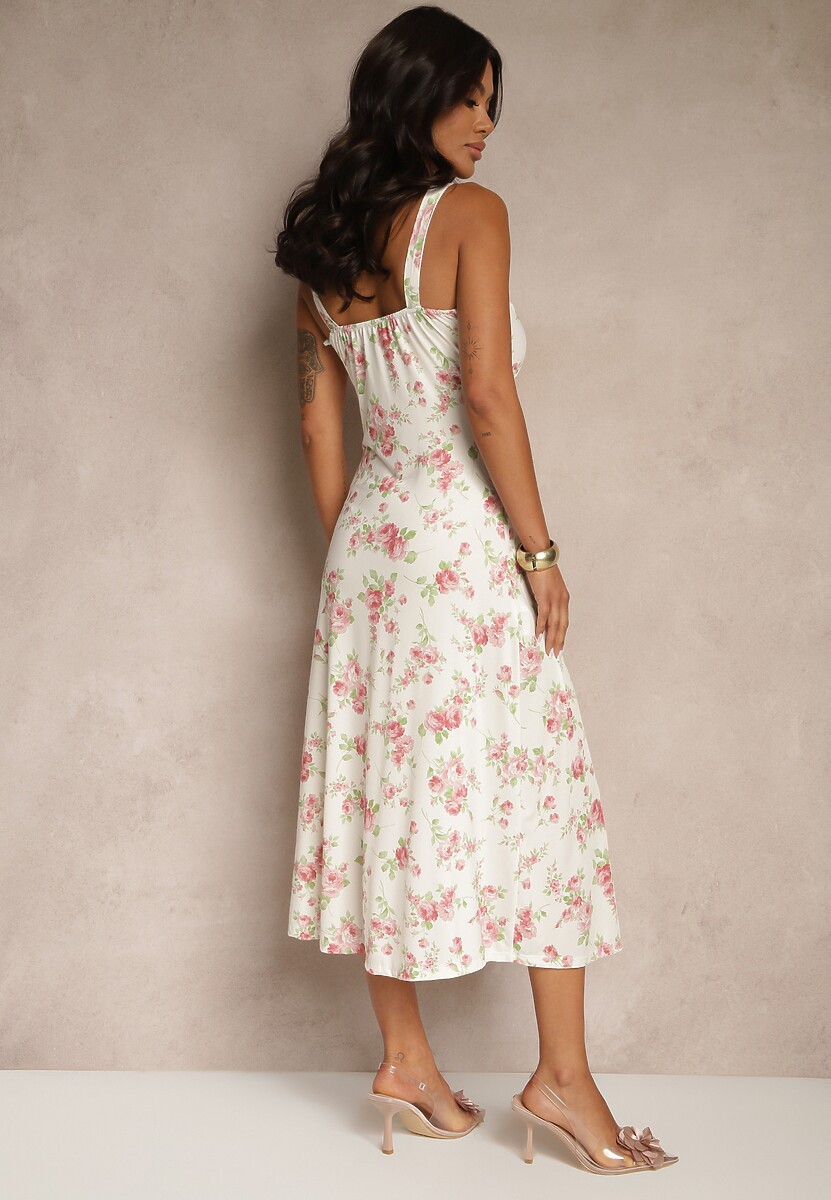 Beżowo-Różowa Sukienka w Kwiatowy Wzór z Kwadratowym Dekoltem Firaseve