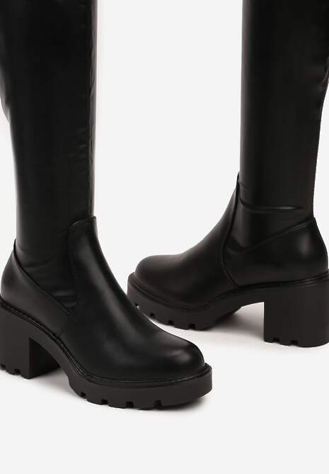 Czarne Kozaki na Słupkowym Obcasie z Przylegającą Cholewką za Kolano Torselle