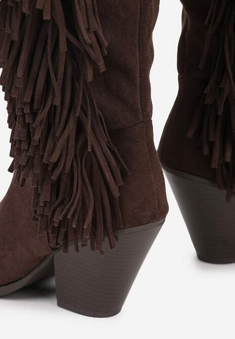 Ciemnobrązowe Kozaki Kowbojki z Imitacji Zamszu z Frędzlami i Stożkowym Obcasem Rafilea