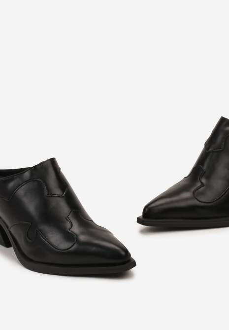 Czarne Klapki Kowbojki ze Ściętym Obcasem z Przeszyciami i Noskiem w Szpic Manette