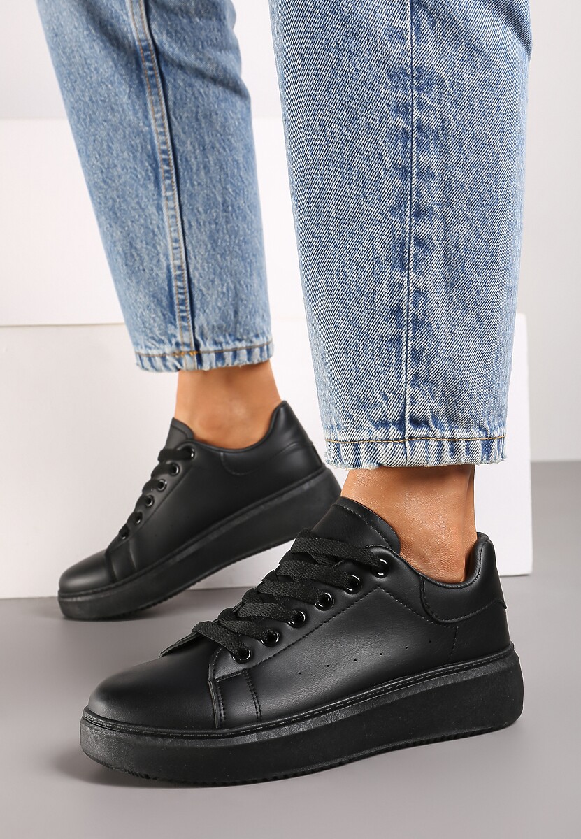 Czarne Casualowe Sneakersy na Platformie ze Sznurowaniem Tialorae