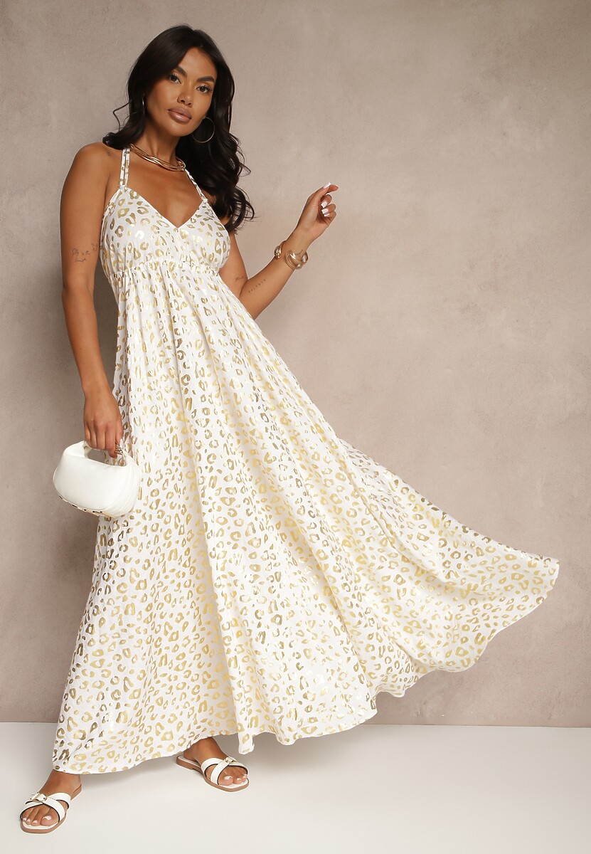Biała Wiskozowa Sukienka Halter Zdobiona Metalicznym Nadrukiem w Panterkę Linaruna