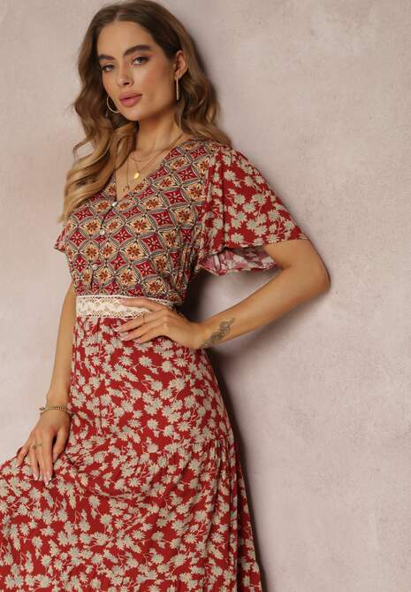 Bordowa Sukienka Rozkloszowana Maxi z Wiskozy Ophitria